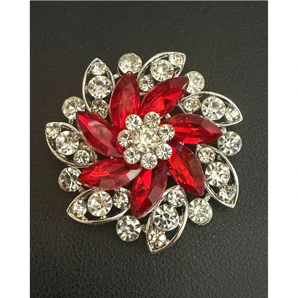Rhinestone Brooch Red Silver Tone